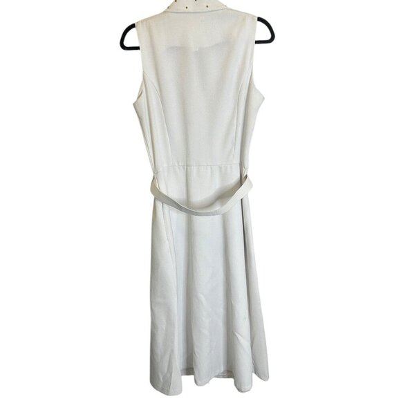 Vtg 80s White Sleeveless Button Down Midi Dress Sz 14 Belted Gold Studs Canadian - Picture 4 of 8